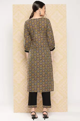 Yufta-women brown geometric print pure cotton kurta with pants set
