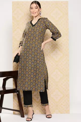 Yufta-women brown geometric print pure cotton kurta with pants set