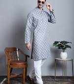 Dark-grey cotton floral printed kurta pyjama set