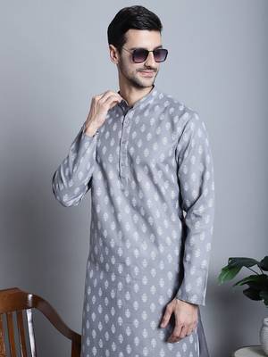 Dark-grey cotton floral printed kurta pyjama set 5