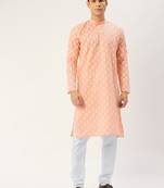 Peach cotton floral printed kurta pyjama set