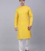 Lemon cotton floral printed kurta pyjama set