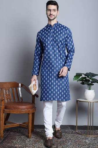 Navy cotton floral printed kurta pyjama set