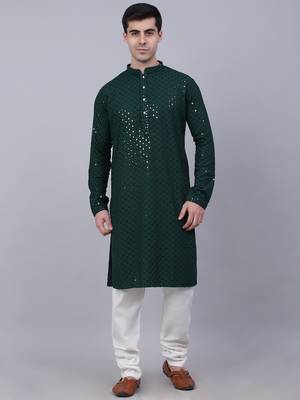 olive green chikankari embroidered and sequin  kurta with churidar 1