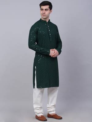 olive green chikankari embroidered and sequin  kurta with churidar 2