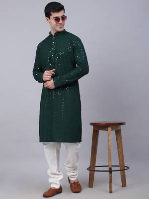 olive green chikankari embroidered and sequin  kurta with churidar 4