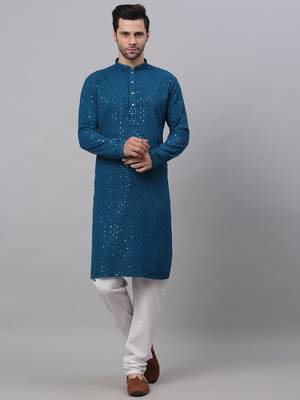 blue chikankari embroidered and sequin  kurta with churidar 1