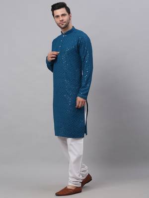 blue chikankari embroidered and sequin  kurta with churidar 2