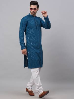 blue chikankari embroidered and sequin  kurta with churidar 4