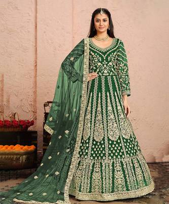 Green embroidery net anarkali suit 1