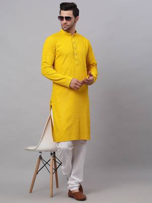 yellow chikankari embroidered and sequin  kurta with churidar 1