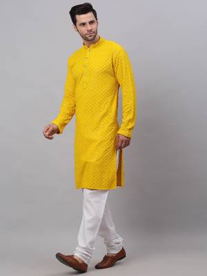 yellow chikankari embroidered and sequin  kurta with churidar 2