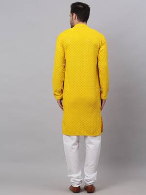 yellow chikankari embroidered and sequin  kurta with churidar 3