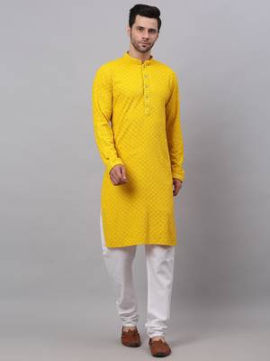 yellow chikankari embroidered and sequin  kurta with churidar 4
