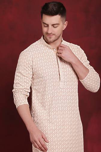 Beige sequin embroidered pure cotton kurta with pyjamas