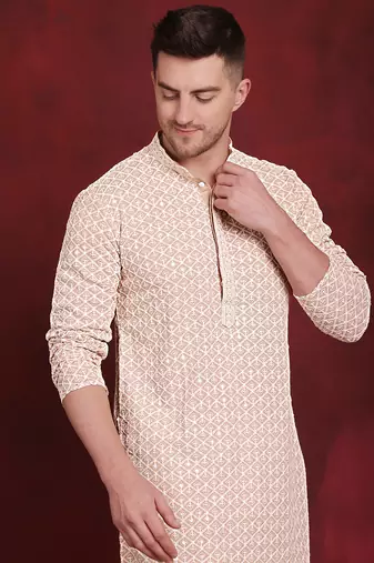 Beige sequin embroidered pure cotton kurta with pyjamas