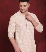 Beige sequin embroidered pure cotton kurta with pyjamas