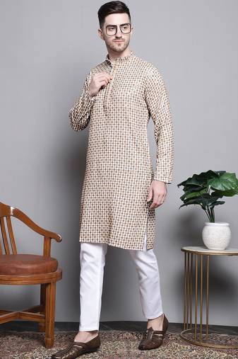 Cream sequin embroidered pure cotton kurta with pyjamas