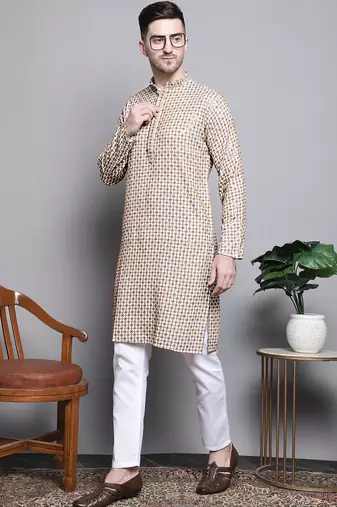 Cream sequin embroidered pure cotton kurta with pyjamas