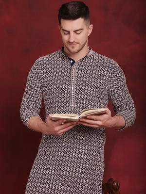 Navy sequin embroidered pure cotton kurta with pyjamas 1