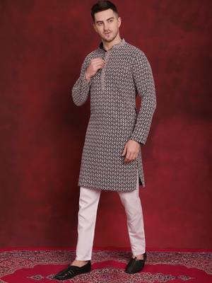 Navy sequin embroidered pure cotton kurta with pyjamas 2