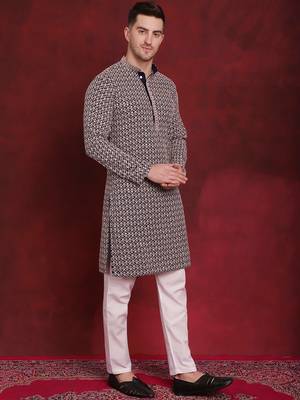Navy sequin embroidered pure cotton kurta with pyjamas 4