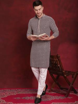 Navy sequin embroidered pure cotton kurta with pyjamas 5