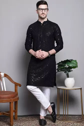 Black sequin embroidered pure cotton kurta with pyjamas