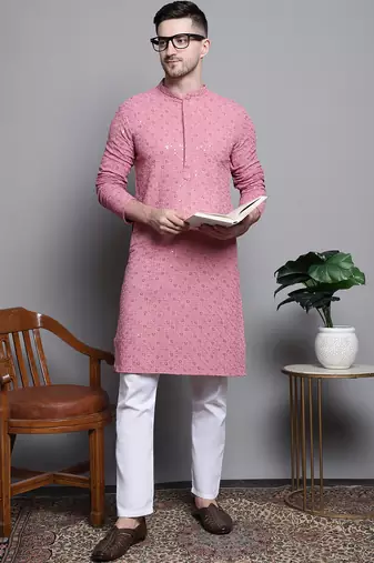 Coral sequin embroidered pure cotton kurta with pyjamas