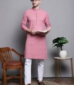 Coral sequin embroidered pure cotton kurta with pyjamas