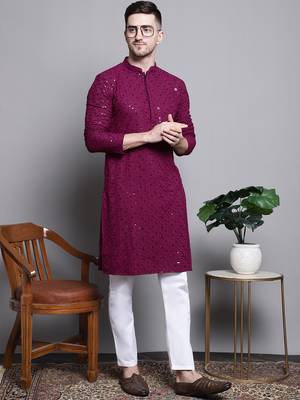 Purple sequin embroidered pure cotton kurta with pyjamas 1