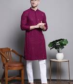 Purple sequin embroidered pure cotton kurta with pyjamas