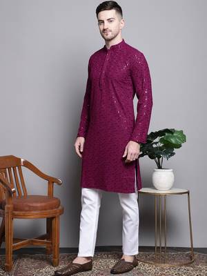 Purple sequin embroidered pure cotton kurta with pyjamas 2
