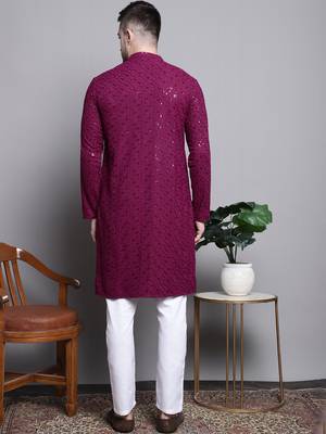 Purple sequin embroidered pure cotton kurta with pyjamas 3