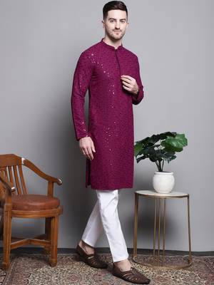 Purple sequin embroidered pure cotton kurta with pyjamas 4