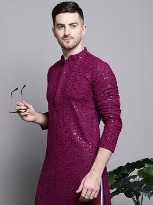 Purple sequin embroidered pure cotton kurta with pyjamas 5