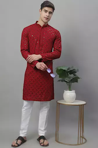 Maroon chikankari embroidered and sequin  kurta with pyjama