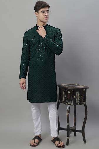 Olive green chikankari embroidered and sequin  kurta with pyjama