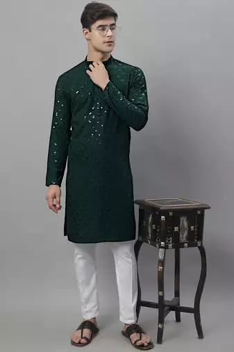 Olive green chikankari embroidered and sequin  kurta with pyjama
