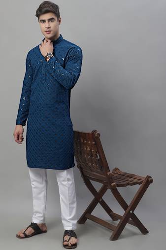Peacock blue chikankari embroidered and sequin  kurta with pyjama
