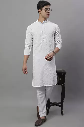 White chikankari embroidered and sequin  kurta with pyjama