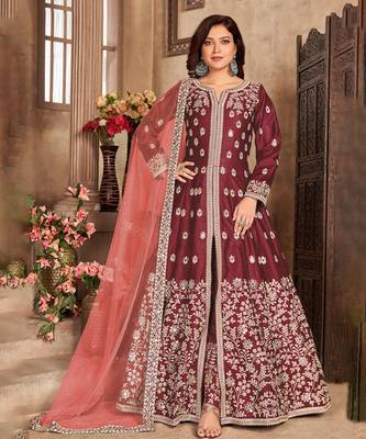 Maroon embroidery art silk anarkali suit 1