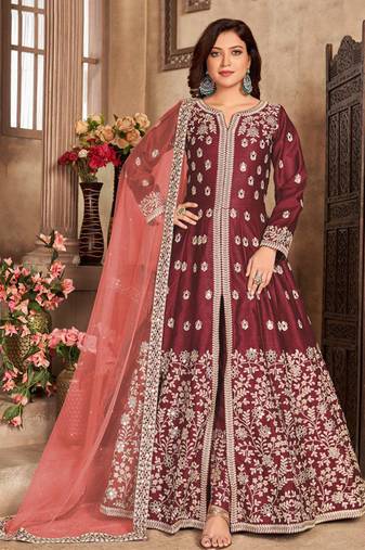 Maroon embroidery art silk anarkali suit