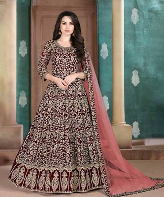 Maroon embroidery zari work gerogette abhaya churidar - semi stitched(size upto 42") 1
