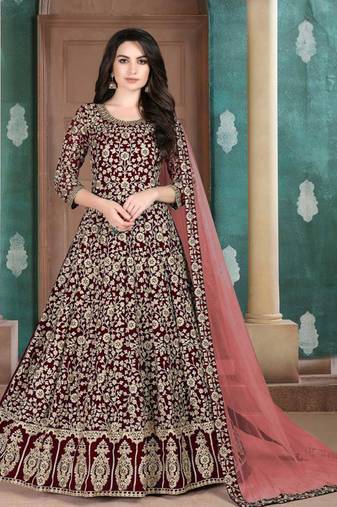 Maroon embroidery zari work gerogette abhaya churidar - semi stitched(size upto 42")