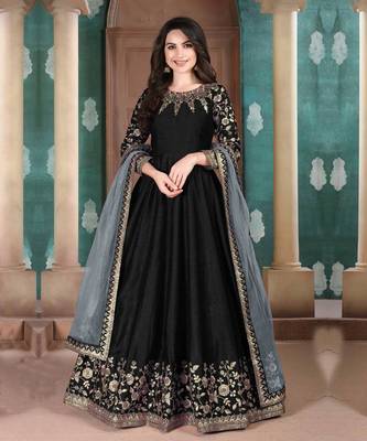 Purple embroidery zari, dimoand work silk anarkali churidar - (size upto 42") 1