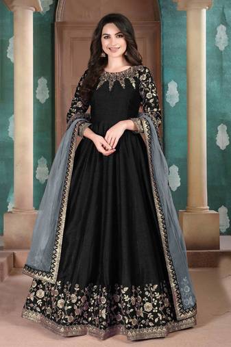 Purple embroidery zari, dimoand work silk anarkali churidar - (size upto 42")