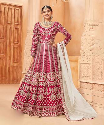 Pink embroidery sequins art silk anarkali churidar - (size upto 42") 1