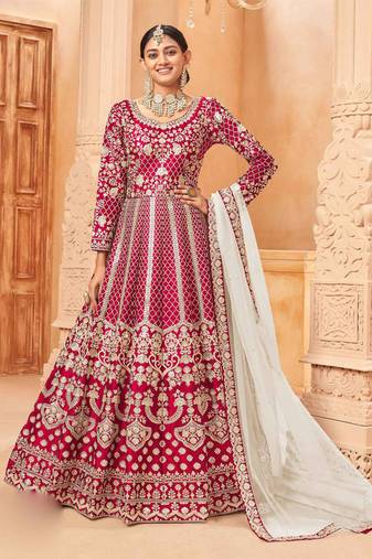 Pink embroidery sequins art silk anarkali churidar - (size upto 42")