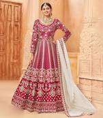 Pink embroidery sequins art silk anarkali churidar - (size upto 42")